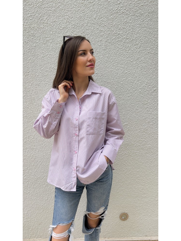 Pervin Çelik Kadın Premium Kalite Pembe Çizgili Oversize Gömlek