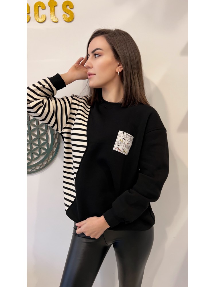 Pervin Çelik Kadın Siyah Çizgili  Detaylı Tarz Sweatshirt