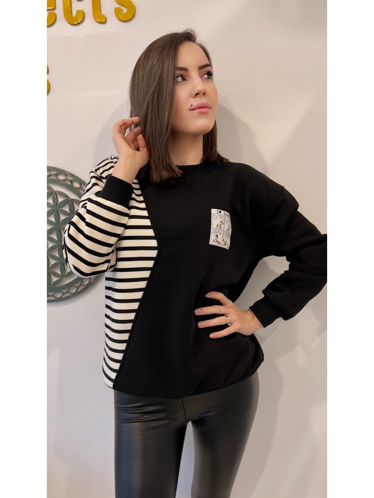 Pervin Çelik Kadın Siyah Çizgili  Detaylı Tarz Sweatshirt